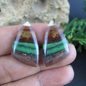 May include: Two polished, triangular gemstones with layered bands of brown, green, and white. The stones are held in a hand, showcasing their polished surfaces and natural color variations. The gemstones are likely for jewelry making.