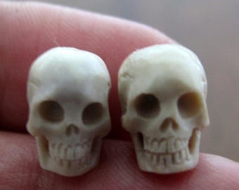 Pair of 12mm Amazingly Detailed Tiny Deer Antler Skull Beads, Top to Bottom Drilled  B8122