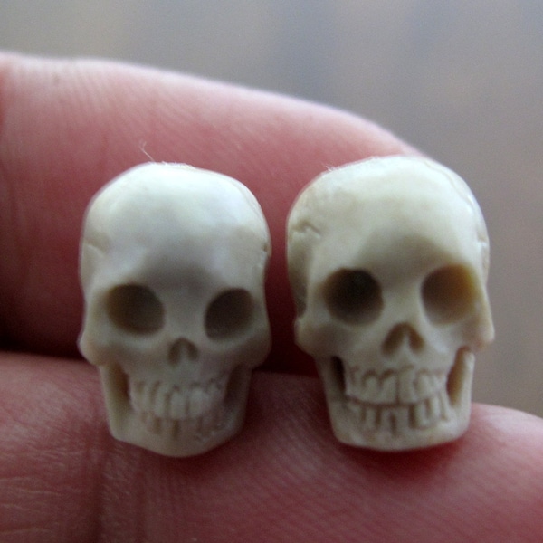 Pair of 12mm Amazing detail  Tiny Deer Antler Bone Skull beads,   top to bottom Drilled  B8122