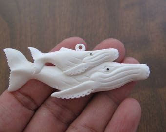 Hand carved buffalo bone  Humpback Whale and her calf pendant  ,  embellishment , Jewelry making Supplies B6876
