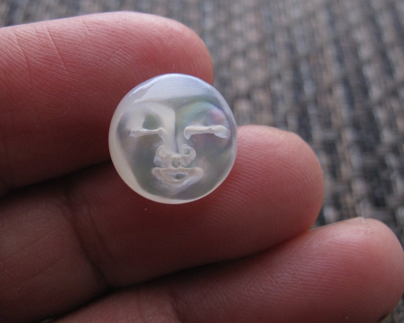 Mini 12mm Moon Face Cabochon with CLOSED EYES, Hand Carved Yellow Mother of Pearl, Cabochon for Setting B8647 image 1
