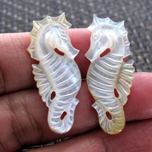 Pair of Hand Carved  Mini Seahorses, Earrings Pair, 1-Sided, Yellow Mother of Pearl, Will Drill upon request B8708