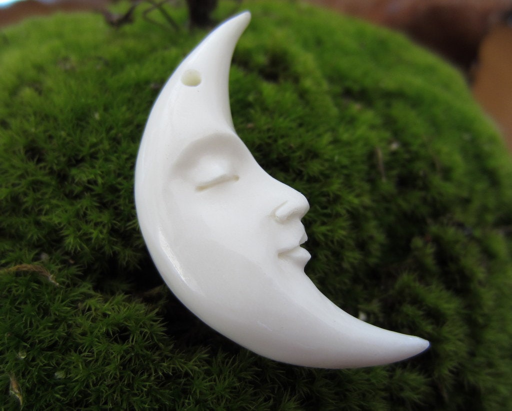 Reversible Double-Sided Moon Closed-Eyes Crescent Pendant Bead, Bone Bead, DRILLED, Jewelry making supplies B3780