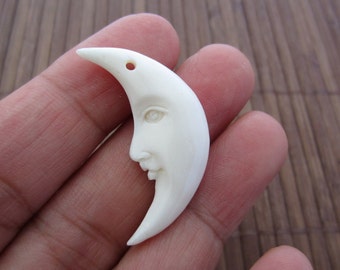 Intricate Reversible Moon Crescent Pendant, Open Eyes, Bone Bead, DRILLED, Jewelry making supplies B3698
