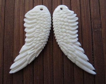 Tiny Double Sided  Pair of Hand Carved Small  Angel Wings, 40mmx15mm, Drilled for Earrings, jewelry making supplies  B3720