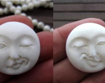Pair Winking Moon (Right & Left Eye), 25mm Moon Face Cabochon, Buffalo Bone Carving , Jewelry making Supplies B6107