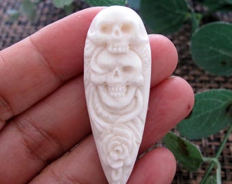 Unique carved two skull  and Roses  cabochon ,  FLAT Backed, Carved buffalo bone, Jewelry making supplies