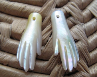 Hand Carved Pair of  Tiny Hands  in Yellow Mother of Pearl, Suitable for Earrings, Jewelry making Supplies, Tangan B8388