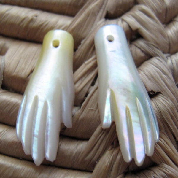 Hand Carved Pair of  Tiny Hands  in Yellow Mother of Pearl, Suitable for Earrings, Jewelry making Supplies, Tangan B8388