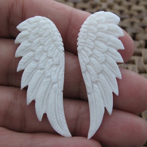 Double-Sided PAIR of Hand Carved Medium Sized (45mmx18mm) Angel Wings, Bone, Suitable for earring, Drilling Available Upon Request B8526