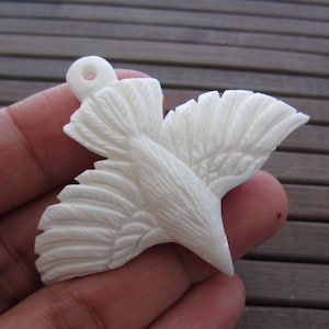 Extra Large  50mm Hand Carved  White Raven, Buffalo Bone Carving, Pendant Beads, Jewelry making Supplies B5516