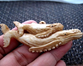 Buffalo bone  carving Humpback Whale and her calf pendant  , hand carved, embellishment , Jewelry making Supplies B6876