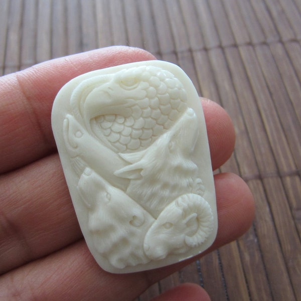 Hand Carved Spirit of Eagle , Ram Wolf and Bear , Carved Bone, Flat back Cabochon, B3420