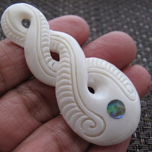 NEW Arrival Handmade Large Infinity twist pendant with Paua inlay, Carved Bone Pikorua, Focal component, Jewelry making Supplies B8633