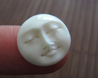 15mm Hand Carved Moon Face CLOSED Eye Cabochon, Buffalo Bone Carving, Natural Component, Jewelry Supplies B1044