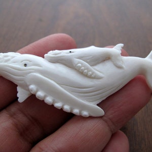Whale and Calf, NOT DRILLED, Handmade Water Buffalo  Bone Carving, Jewelry making Supplies B6203