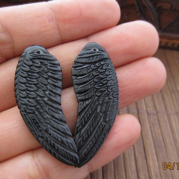 Amazing detail  Pair of Hand Carved   small  Angel Wing, Earrings,drill   ,horn carving  jewelry making supplies  B4157
