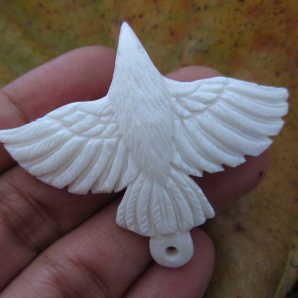 Extra Large Hand Carved White Raven ,  Buffalo Bone Carving, Pendant Beads, Jewelry making Supplies S5841