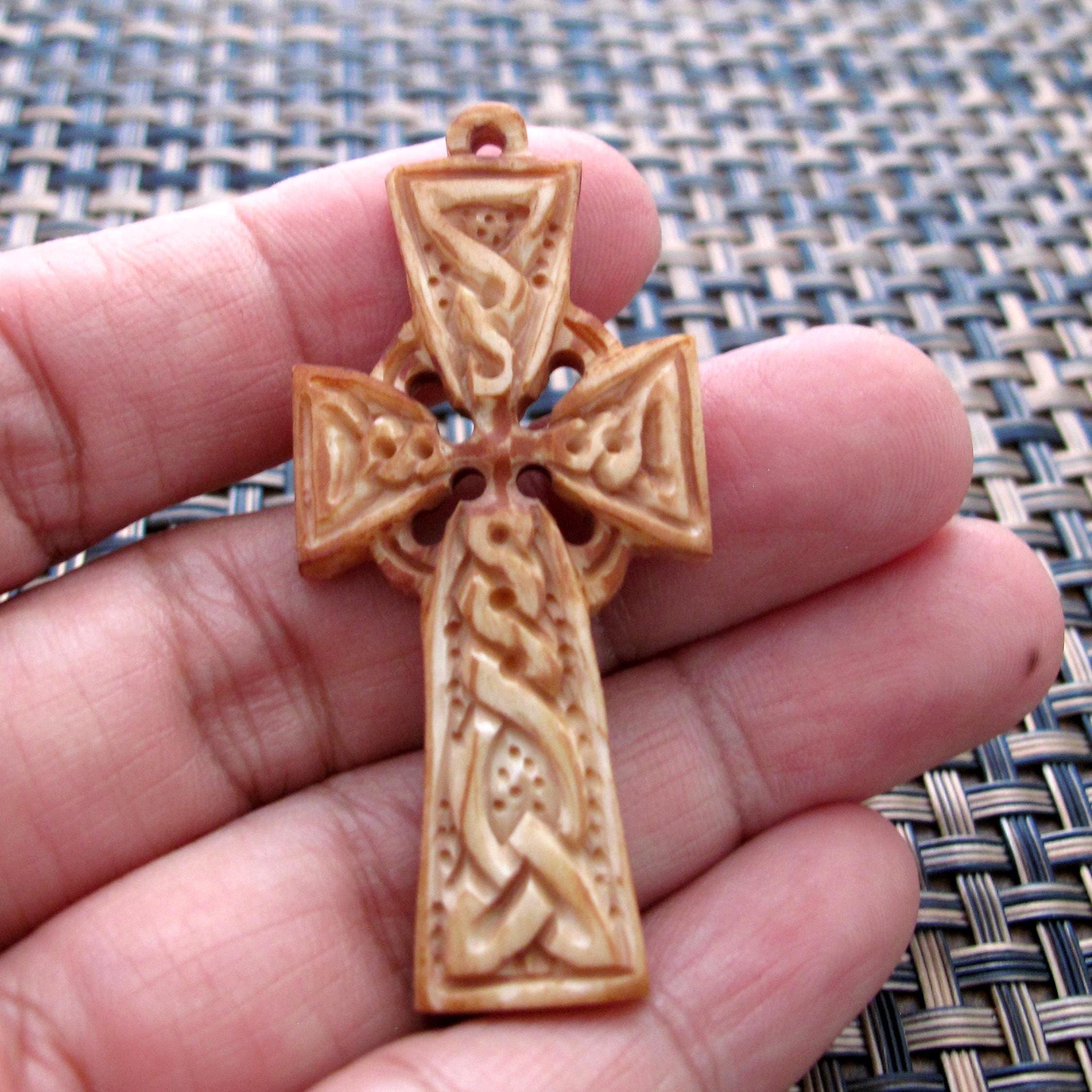Antique Look Celtic Cross Pendant , Buffalo Bone Carving, Single 