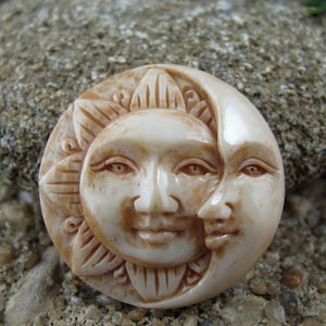 Antiqued 30mm Hand Carved Sun Face  and Waxing Moon Cabochon with OPEN Eyes, Face Cabochon, Embellishment  B4370