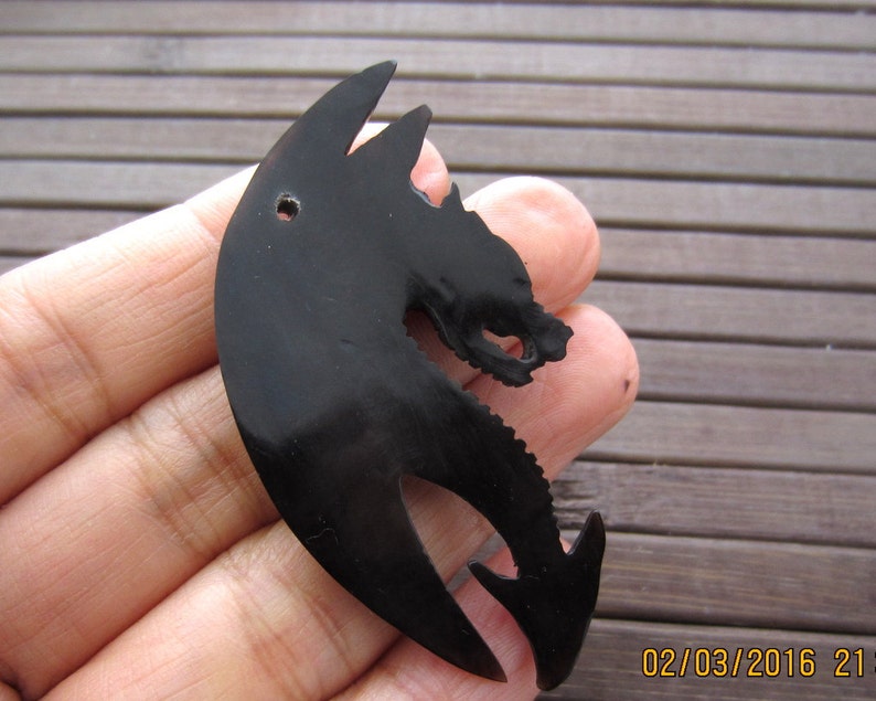 AAA Excellent Hand Carved black Dragon , Buffalo bone carving, Flat back, DRILLED, Jewelry making Supplies B5817 image 3