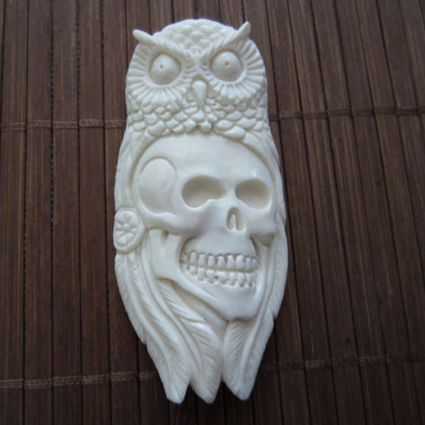 Balibagus, Amazing DEtail Carved Skull and Owl Spirit, Handmade  Bone Carving, Jewelry making Supplies  B3440
