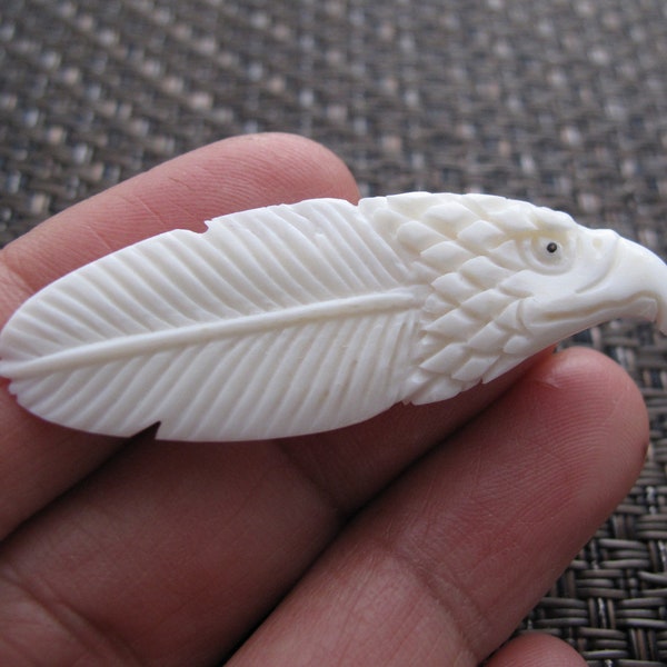 Gorgeous Hand Carved Eagle Feather, Two-Sided,  Not-Drilled, Buffalo Bone, Jewelry making supplies  B8560