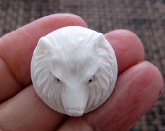 Hand carved wolf cabochon   , Buffalo bone carving , Jewelry making supplies