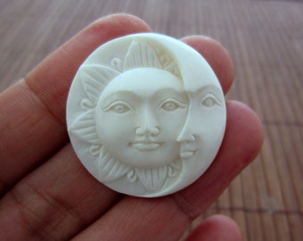 30 mm Hand Carved Sun Face  and Crescent Moon Cabochon with OPEN Eyes, Buffalo Bone, Embellishment  B4370