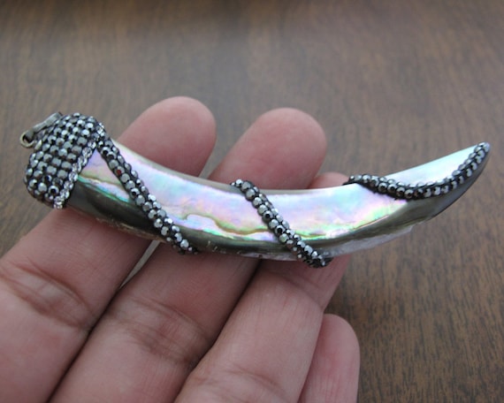 Excellent Detail Hand Carved Abalone Shell Tusk Pendant With