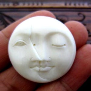 30mm Two Moon Face Cabochon, Hand Carved Buffalo Bone, Moon  Phase Open Eye-Moon Closed Eye,  Jewelry making Supplies B2654