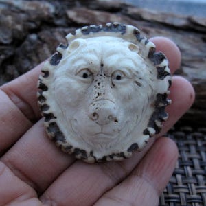 May include: A white carved bear head pendant made from antler. The bear has a detailed face with a black nose and eyes.
