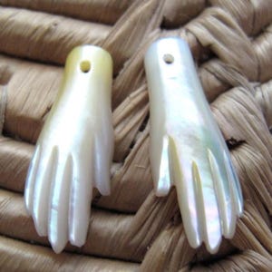 Hand Carved Pair of  Tiny Hands  in Yellow Mother of Pearl, DRILLED, Suitable for Earrings, Jewelry making Supplies, Tangan B8388