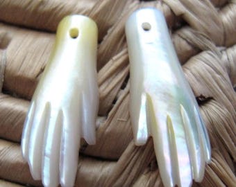 Hand Carved Pair of  Tiny Hands  in Yellow Mother of Pearl, DRILLED, Suitable for Earrings, Jewelry making Supplies, Tangan B8388