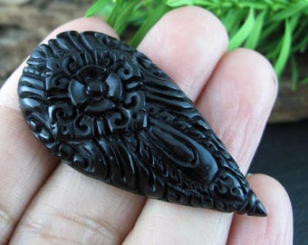 Medium Size Balinese Flower Motif, Hand Engraved Teardrop, Buffalo horn Carving, Flat back, Ideal for Pendant, Jewelry making supplies B6753