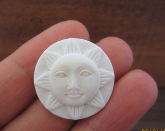 20 mm Hand Carved Sun Face Cabochon with OPEN Eyes, Buffalo Bone, Embellishment  B4310