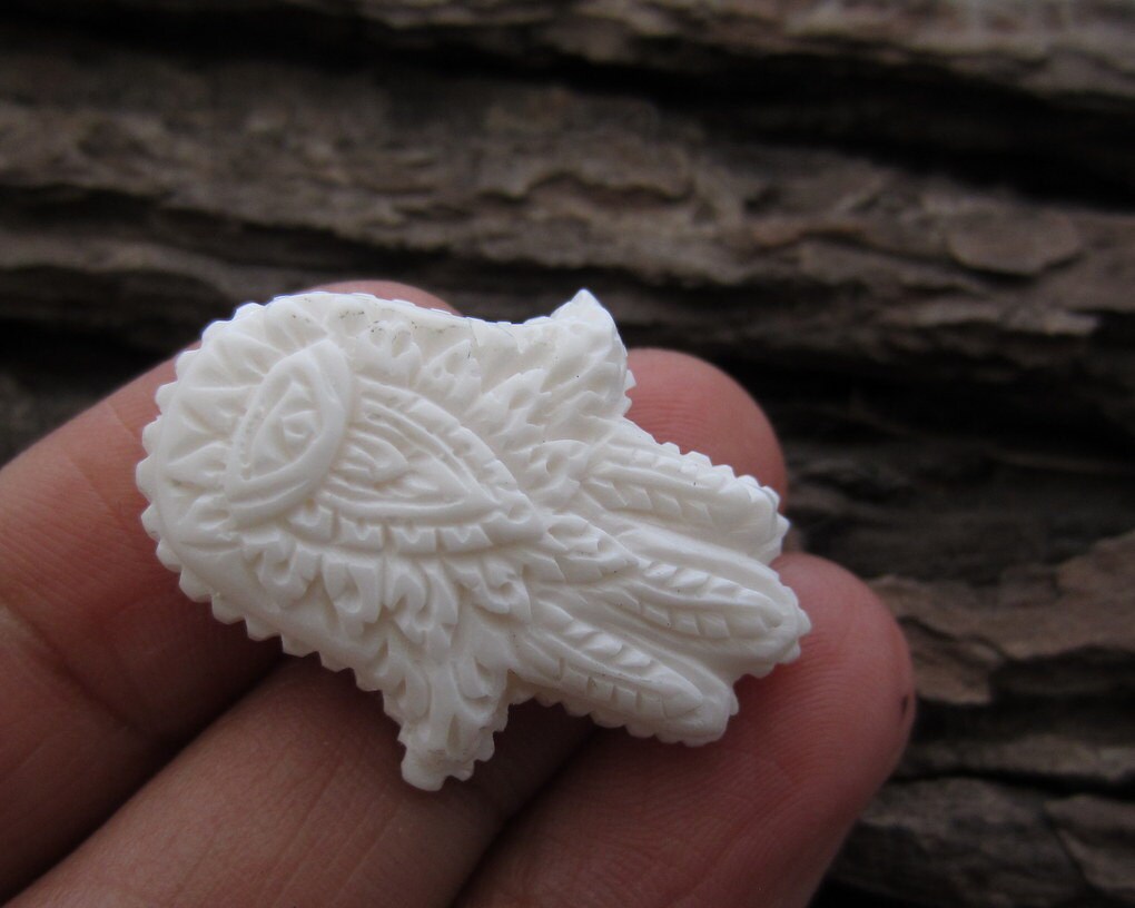 Excellent Detail  Small  Hamsa  Beads  , Bone Carving, DRILLED top to  bottom, Jewelry making Supplies  B5512