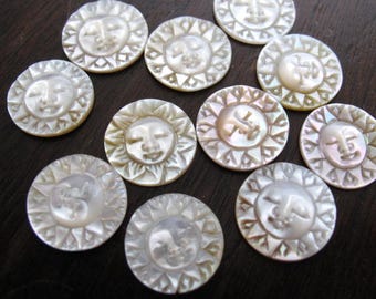 IMPERFECTION Yellow Mini 15mm Sun Face  Cabochon with CLOSED EYES, Hand Carved Mother of Pearl, Cabochon for Setting