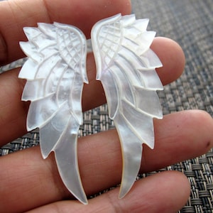Pair of  55mm x 20mm Carved  Angel Wings in Yellow Mother of pearl, Carved Seraphim, Not-DRILLED, Jewelry making Supplies B8652