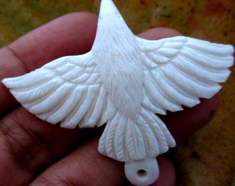 Extra Large Hand Carved White Raven ,  Buffalo Bone Carving, Pendant Beads, Jewelry making Supplies S5841