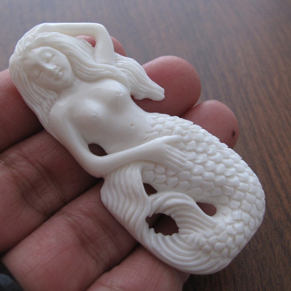 Hand carved Mermaid, Buffalo Bone Carving,  Not Drilled, Jewelry making Supplies B8551