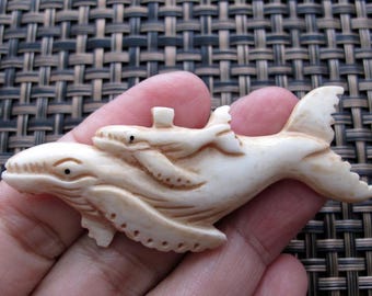 Whale and Calf pendant, Handmade Water Buffalo  Bone Carving, Jewelry making Supplies