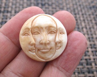 25mm Hand Carved Three Face Open Eye Cabochon, Buffalo Bone Component for Setting B4035
