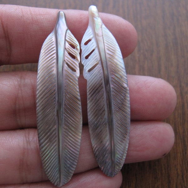 PAIR Mother of Pearl Feathers, Earring pair,  NOT-Drilled, 50 mm x 13 mm, Jewelry making Supplies B8566