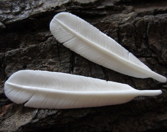 Gorgeous Pair Carve Feather , Embellishment, Bone carving,  drilled ,Jewelry making Supplies B4331