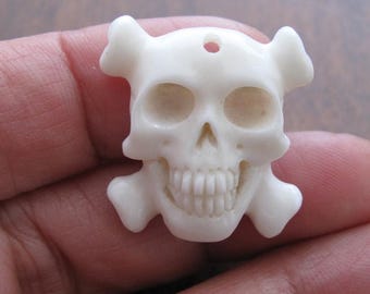 Skull and Cross Bones Pendant, Buffalo bone carving ,  one sided , Handmade . buffalo  carving, Jewelry making Supplies B8823