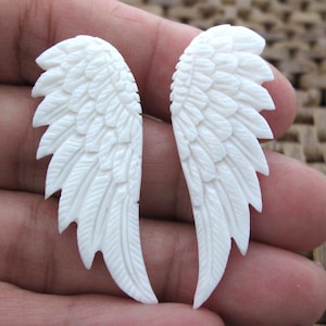 Double-Sided PAIR of Hand Carved Medium Sized (45mmx18mm) Angel Wings, Bone, Suitable for earring, Drilling Available Upon Request B8526