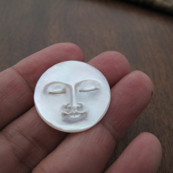 25 mm  Hand Carved Full Moon Face Cabochon with CLOSED Eye, Mother of Pearl, Cabochon for Setting B8521