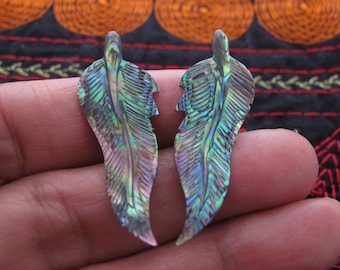Pair  Hand Carved Abalone feather,  jewelry making supplies S888