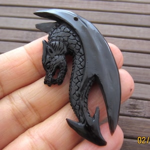 AAA Excellent Hand Carved black Dragon , Buffalo bone carving, Flat back, DRILLED, Jewelry making Supplies B5817 image 1